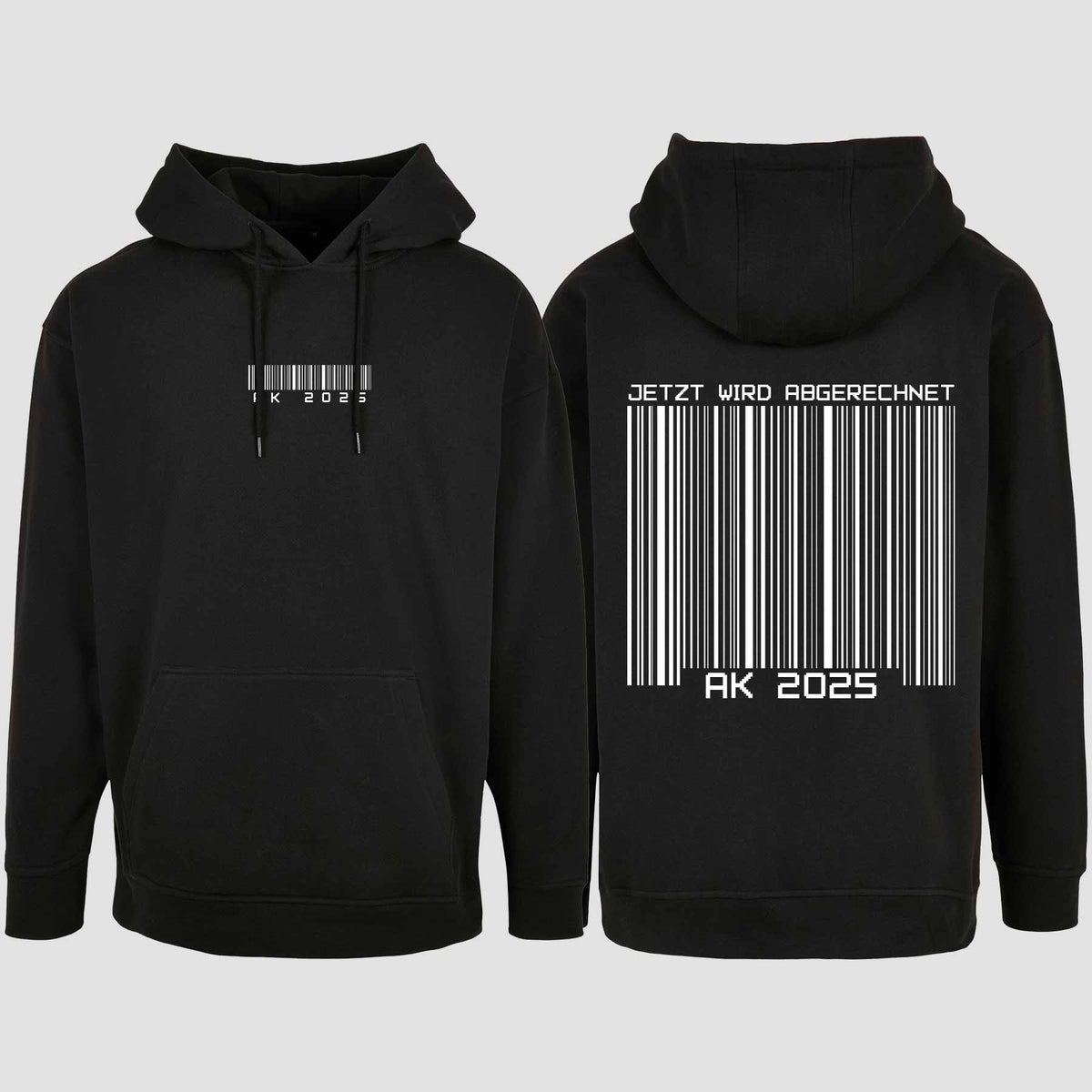 1027 "AK 2025 Barcode" Abschluss Oversize Hoodie beidseitig bedruckt